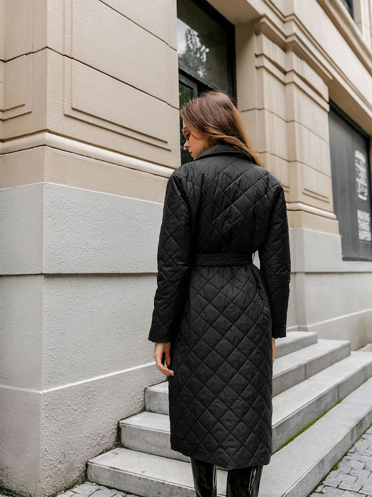 Winter Fashion Women Cotton Padded Long Coat Female Casual Pocket Sash Rhombus Padded Jacket Lapel Casual High Street Outerwears