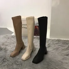 Designer Square Toe Chunky Women Shoes 2021 Autumn Winter Motorcycle Ankle Snow Warm Goth Knee High 