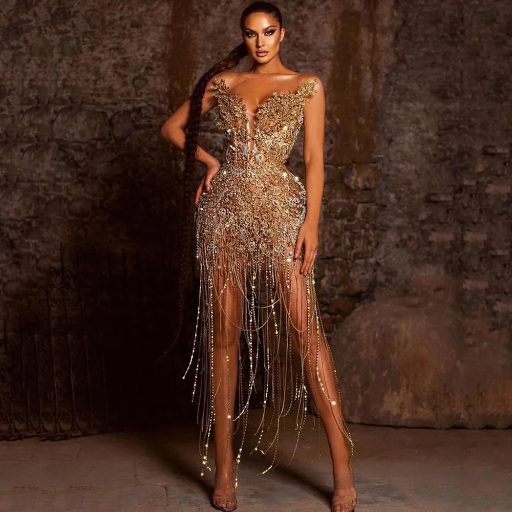 

2023 Luxury Women's Beaded Formal Evening Dresses African Sexy Short A-line Prom Party Gowns Shiny Tassels Celebrity Dress