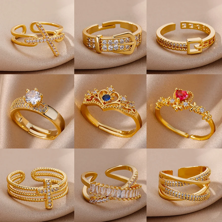 

Open Adjustable Gold Color Stainless Steel Hoop Rings For Women Exquisite Heart Diamond Ring Jewelry Wedding Party Gift 2023 New