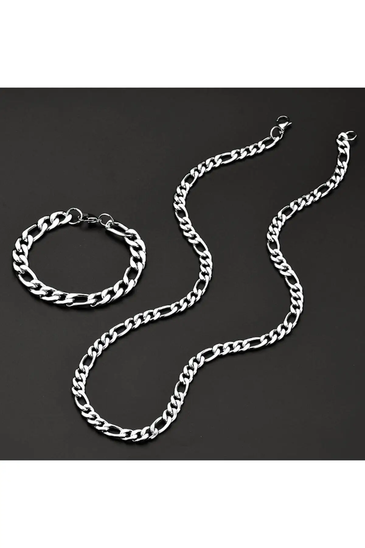 

Steel Male Bracelet And Necklace Chain Set Silver Plated