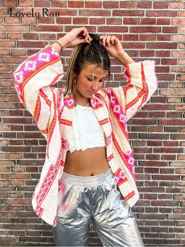 

Women's Patchwork Cotton Jackets Retro Contrast Loose Printed Long Sleeve Cardigan 2023 Autumn Winter Elegant Female Coat