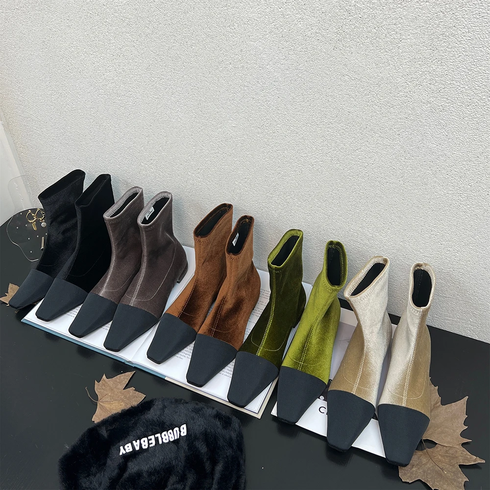 

Square Toe Women Ankle Boots Flock Elegant Fashion Flat Heeled Spring Autumn Sock Booties Slip On Dress Shoes Woman Size 35-39