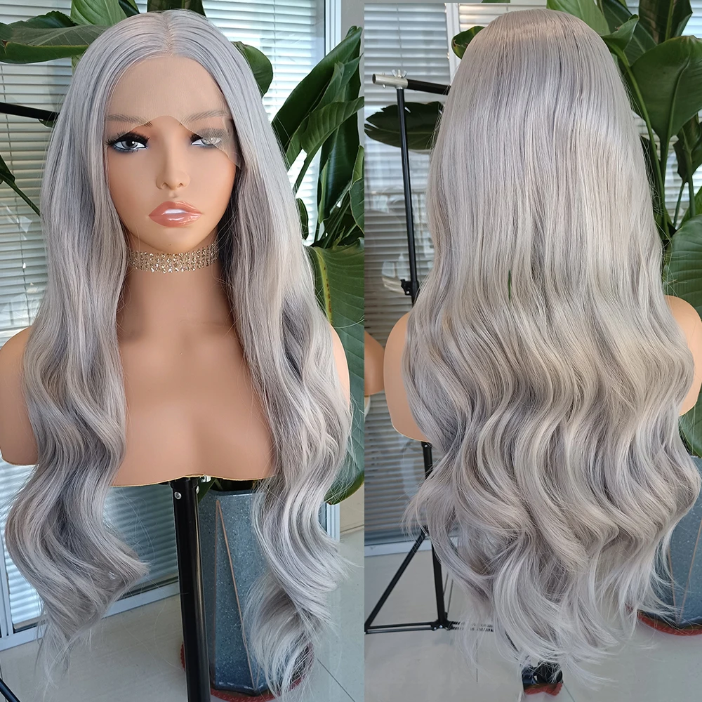 Парик серая волна синтетические кружевные передние парики для женщин длинный