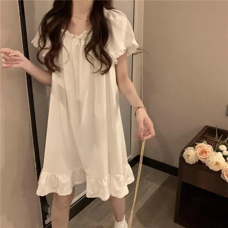 Summer Korean Nightgowns for Women Long Sleeved Nightwear Female Lace Sexy Sleepwear Home Clothes Silk Cotton Night Dress