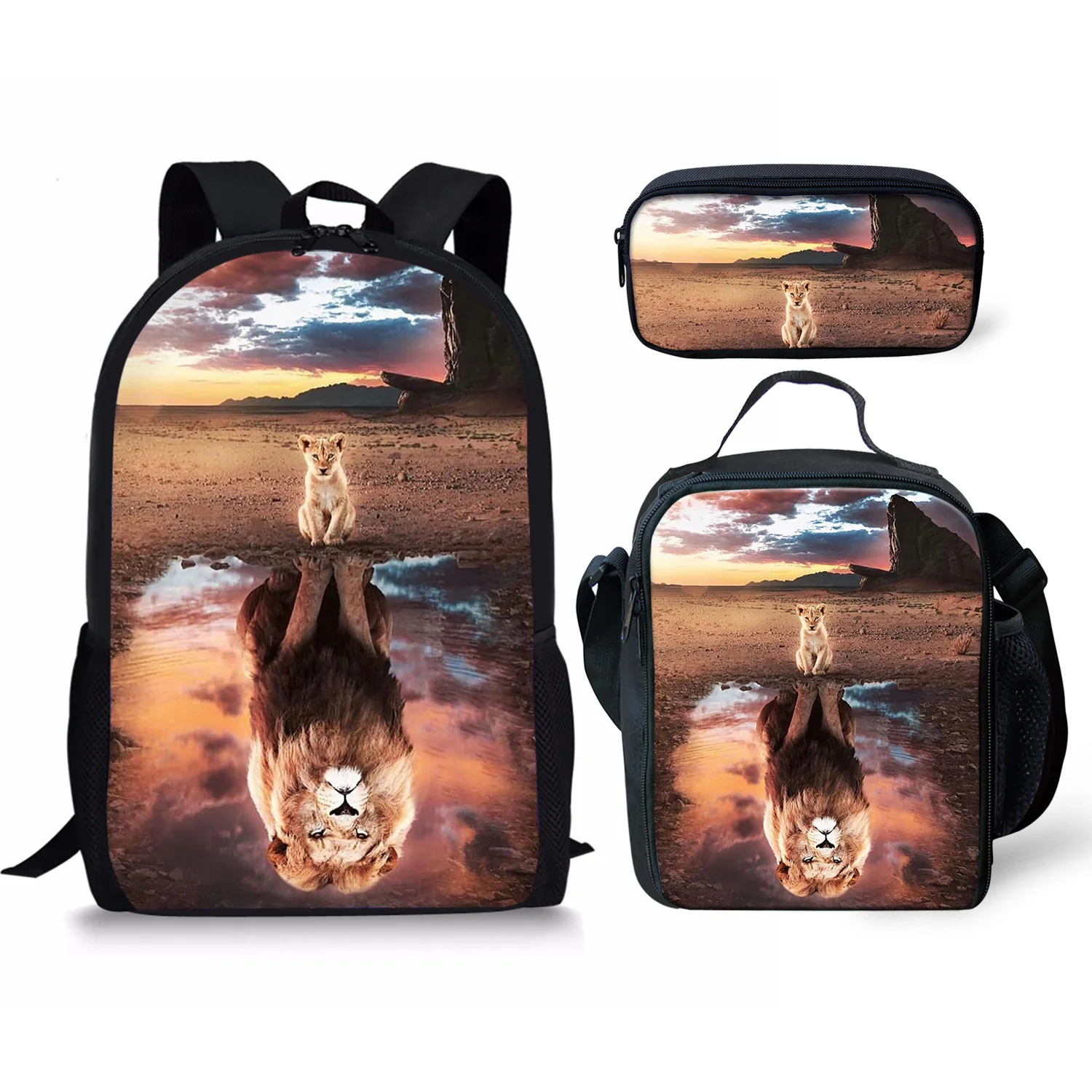 Reflection Print Backpack Pencil & Lunch Bag Set Portable Travel Children's Knapsack Durable Large Capacity School Bags for Girl