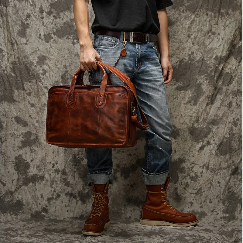 Retro Genuine Leather Men Briefcase Large Capacity Cowhide Handbag Business Laptop Computer Bag Luxury Male Travel Shoulder Bag