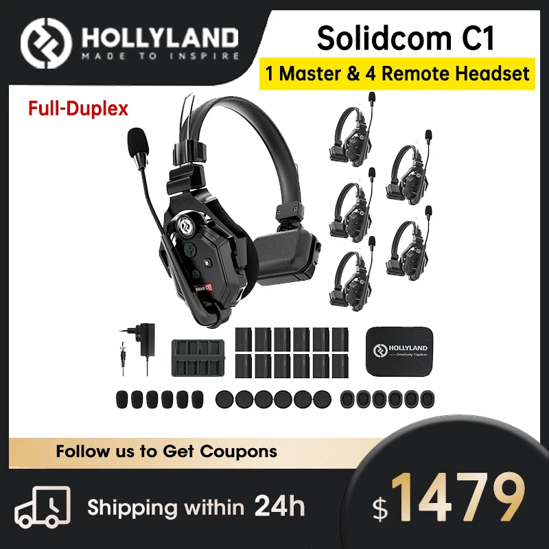 

Hollyland Solidcom C1 Wireless Intercom System 5-Users Full Duplex 1100ft Communication Headsets 1 Master & 4 Remote Headsets