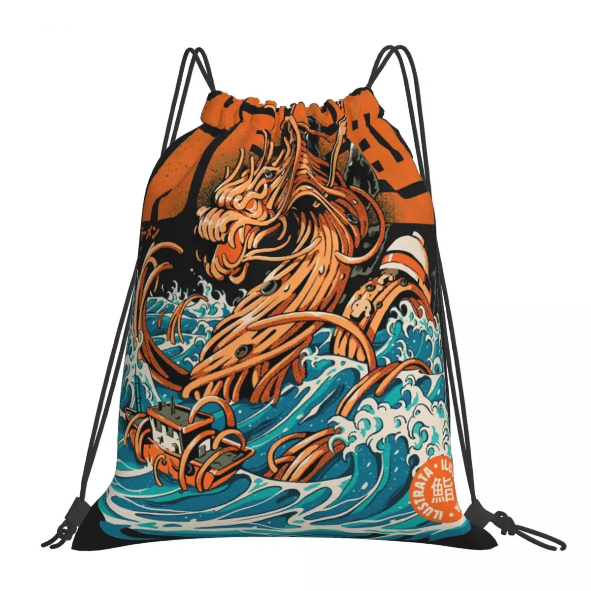 Черный великий рюкзак с куриным раменом Дракон из Канагава