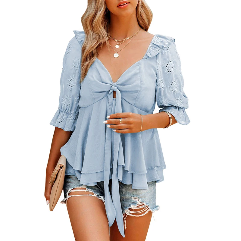 

Women T-shirt Summer Loose Stylish Chiffon V Neck Solid Lace Up Sexy Lady Clothes Casual Street Wear Ruffled Female Top