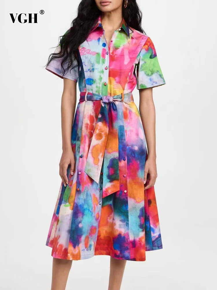 

VGH Spliced Lace Up Colorblock Casual Dresses For Women Lapel Short Sleeve High Waist Single Breasted Print Midi Dress Female