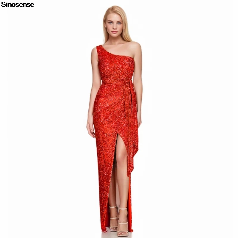 Women Sleeveless One Shoulder Sparkly Glitter Sequin Dress Elegant Long Evening Cocktail Party Wedding Guest Maxi Dresses 3XL