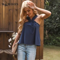 2021 summer new top solid color v collar tied bow hanging neck vest woman tank top women backless cute tops fashion cropped top