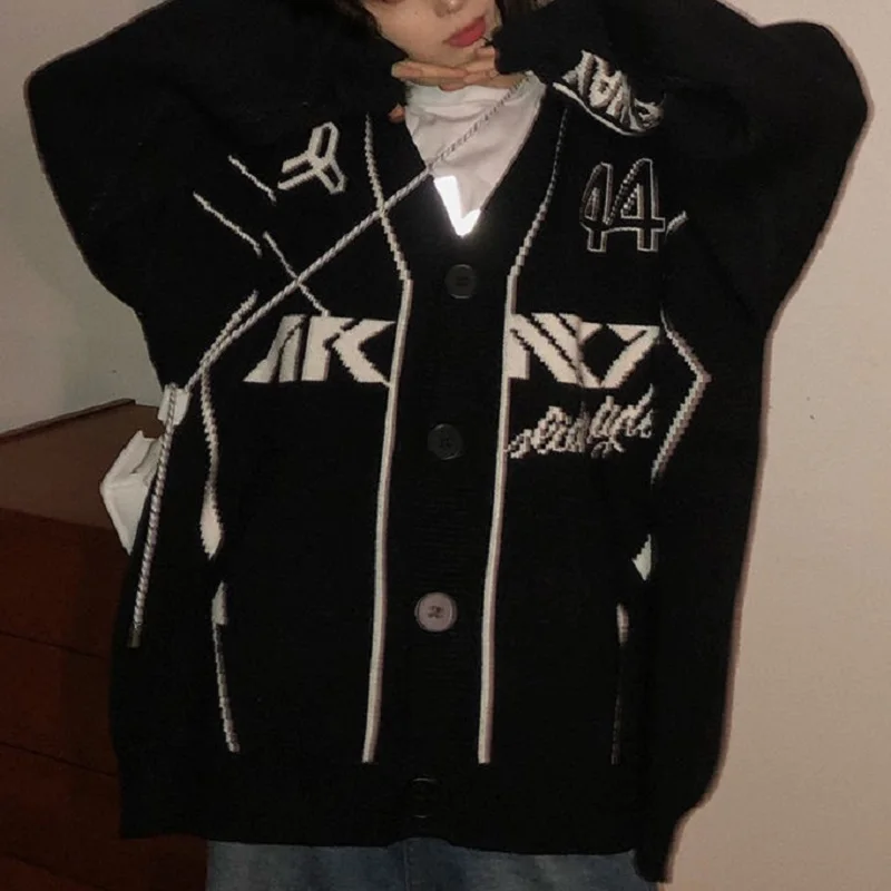 

2022 Harajuku Black Knitted Cardigan Sweater Women Gothic Oversize Jumper Korean Style V-neck Long Sleeve Winter Warm Emo Coat