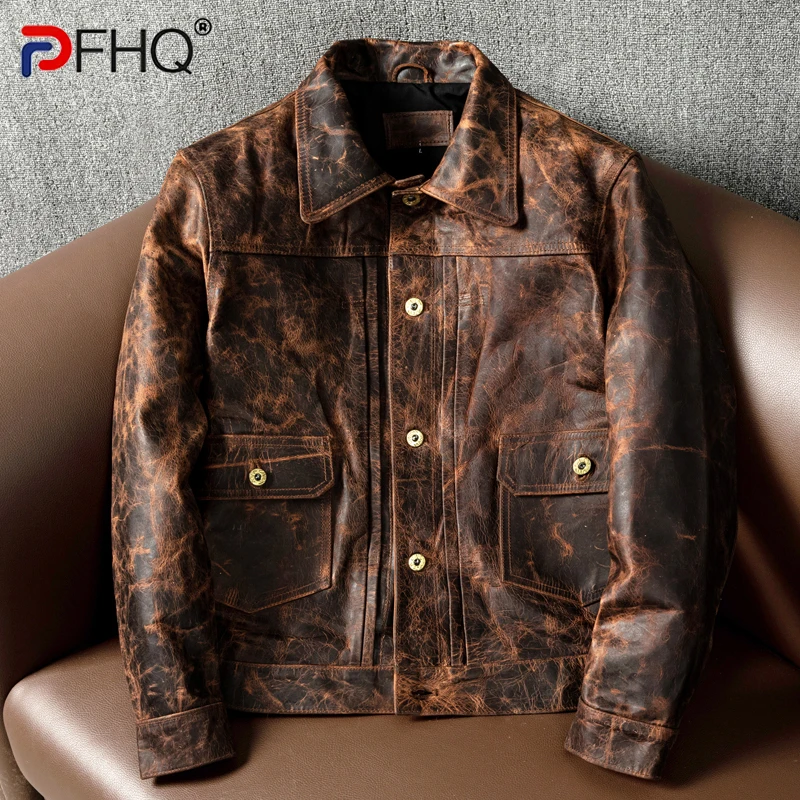 

PFHQ Heavy Oil Wax Layer Short Fitting Men's Jackets Vintage Button Contrast Color Pockets Leather Turn-down Collar Caot 21Z1741