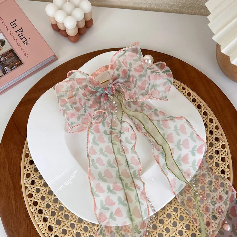 

Элегантная женская шпилька для волос с большим бантом для лента шифоновая сетка с большим бантом лента для волос резинка для волос для деву...