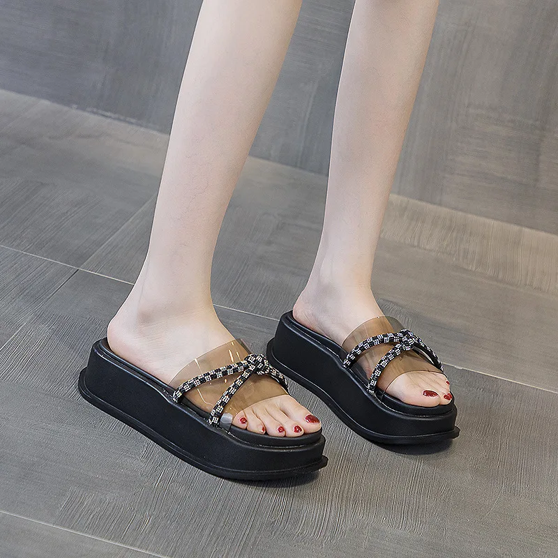 6CM Rhinestones Fashion Roman Sandals Waterproof Platform Sandals Summer Outdoor Slides 2023 New Ladies Shoes Female Shoes