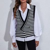 women 2021 autumn and winter new fashion v neck double breasted casual womens clothing striped knitted cardigan sweater vest