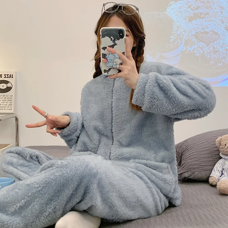 M-XXL осенне-зимняя пижама-кардиган на молнии женский однотонный комплект