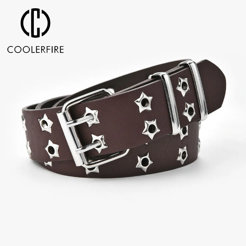

Women Belt High Quality Fashion Punk Belts Casual Luxury Designer Jeans Double Row Belt with Star Eyelet Pin Buckle Strap PK021