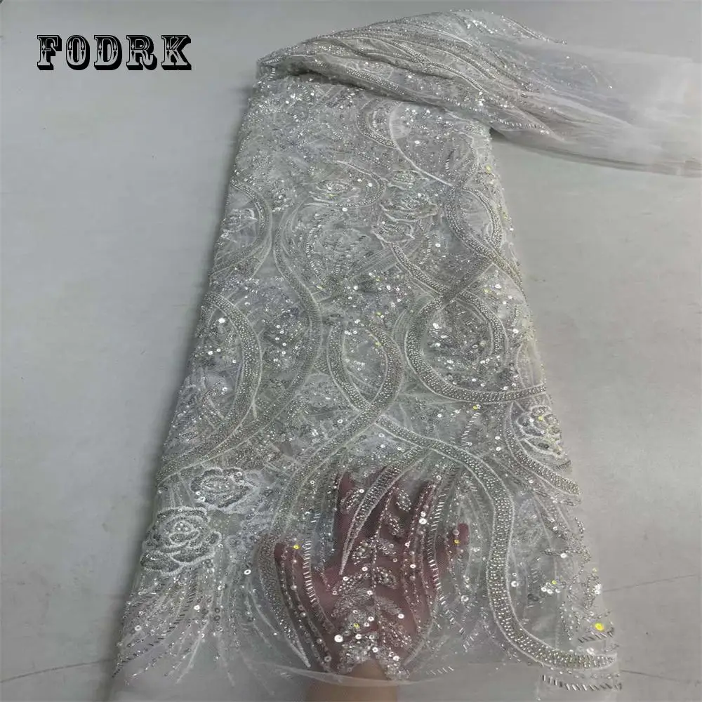 

Новое поступление, французская сетчатая кружевная ткань из бисера, африканская Тюлевая кружевная ткань с блестками и вышивкой с жемчугом для свадебного платья