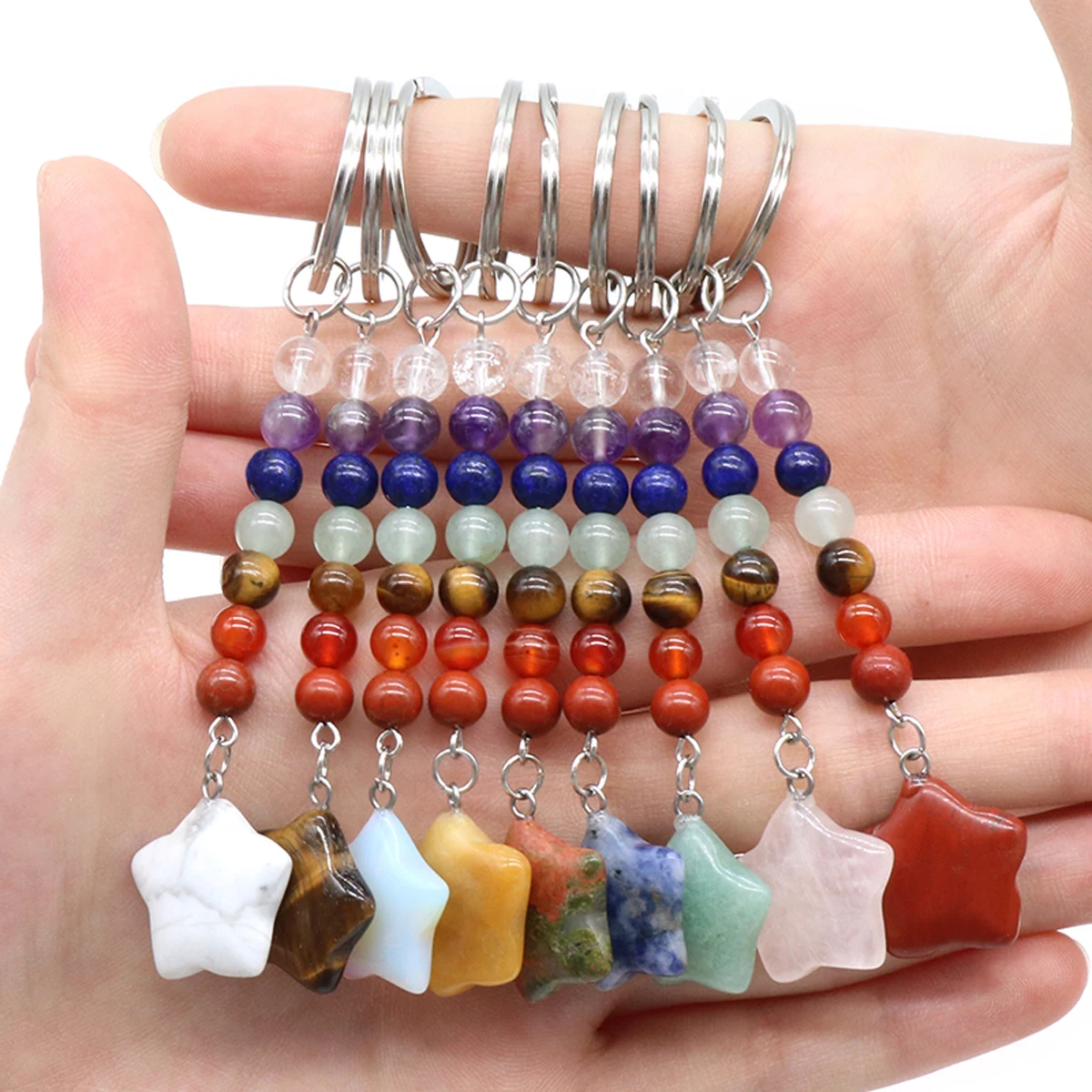 

Stars Shaped Natural Stone Tiger Eye Opal 7 Chakra Colorful Key Chain Healing Crystal for Women And Men Charms Decor Gift 20mm