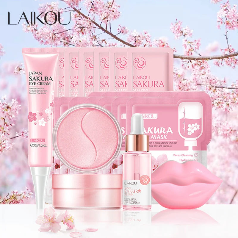 LAIKOU Sakura Facial Cleansing Skincare Set Whitening Moisturize Beauty Health Eye Mask Lip Mask Korean Facial Care Products Kit