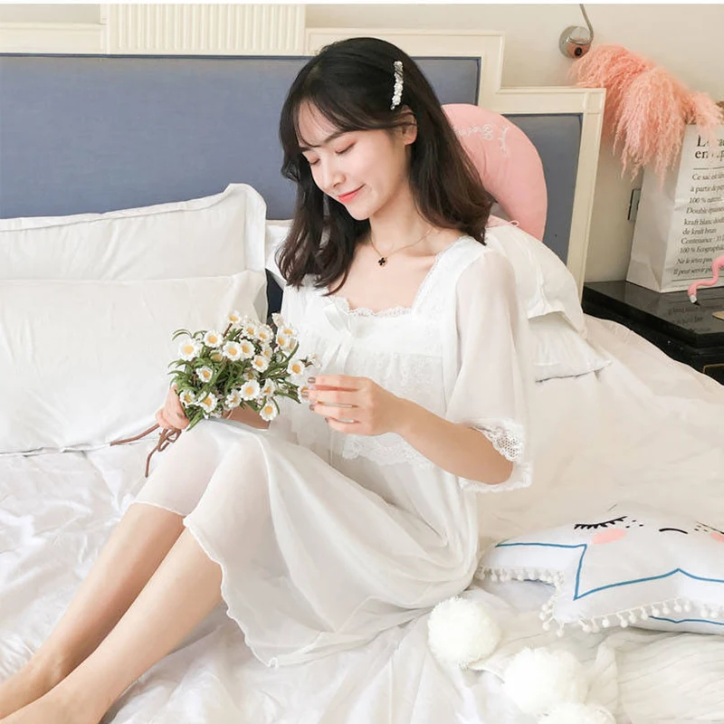 

Princess Mesh Nightgown Sweet Square Neck Sleepwear Sexy Lace Trim Home Dressing Gown Women Cozy Nightwear Loose Loungewear