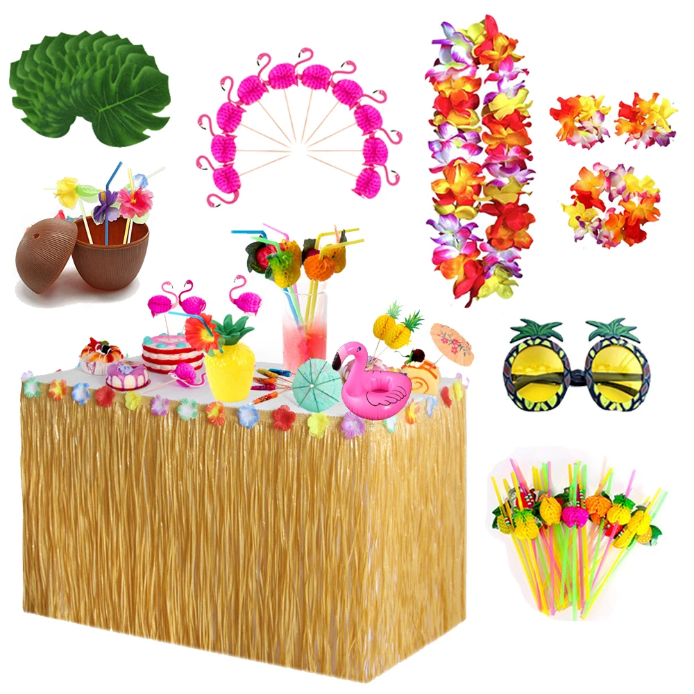 Straw Color Luau Grass Table Skirt Straw Hawaiian Tiki Moana Theme Party Supplies for Tropical Hawaii Party Decorations Wedding