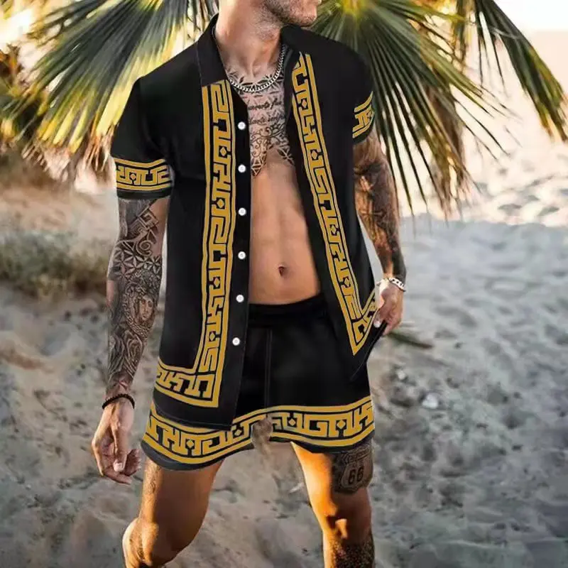 2022 Men Hawaiian shirt Sets Fashion Printing Summer Short Sleeve Button Shirt Beach Shorts Streetwear Casual Mens Suit 2 Pieces