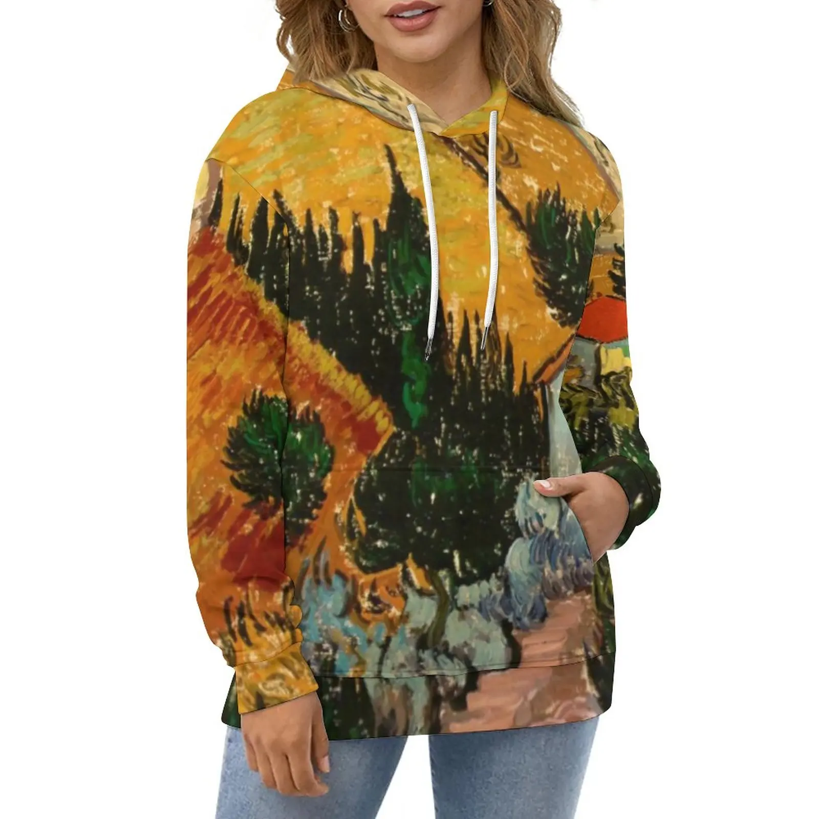 

Женские толстовки с капюшоном, весенние пуловеры большого размера в стиле Харадзюку с изображением картины Винсента Ван Гога, Элегантные п...