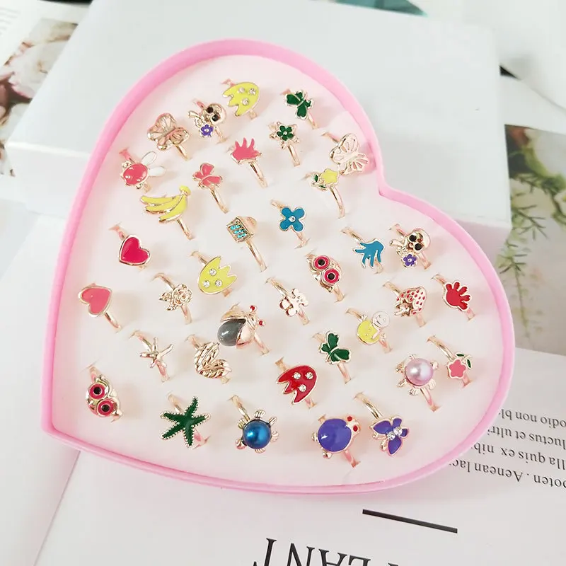 

36pcs/set Animal Flower Fruit Kids Rings Korean Adjustable Crystal Pearl Finger Rings Children Kawaii Sweet Gifts Without box