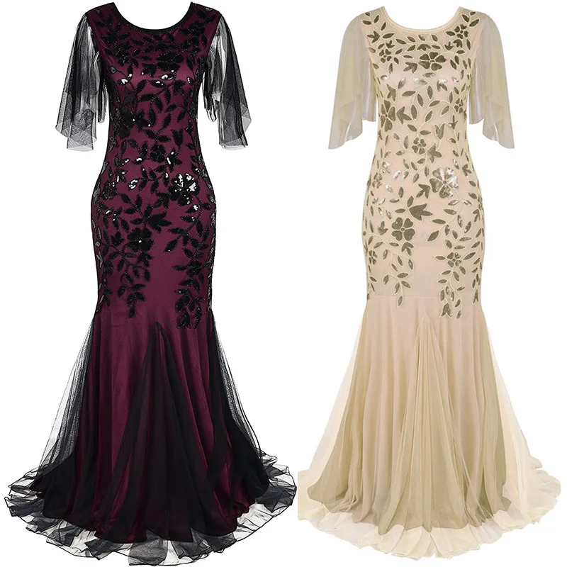

Mandylandy 1920s Gatsby Women Dress Short Sleeve Maxi Bodycon Party Sequined Dress Vintage Banquet Long Wedding Dress Vestidos