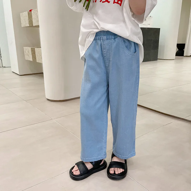 Летние детские модные тонкие джинсовые брюки с широкими штанинами, 2 шт., свободные универсальные крутые джинсы против комаров для маленьких девочек
