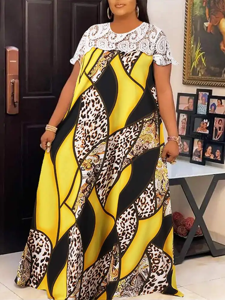 Plus Size Women Dress VONDA 2022 Fashion Vintage Lace Patchwork Evening Party Sundress  Bohemian Printed Vintage Vestido 5XL