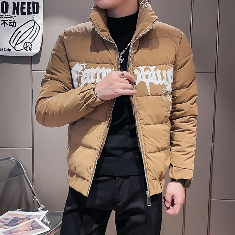 2022 Winter Thicken Keep Warm Men's Short Parka Tops Stand Collar Embroidery Jackets Slim Casual Zipper Men Clothing Streetwear