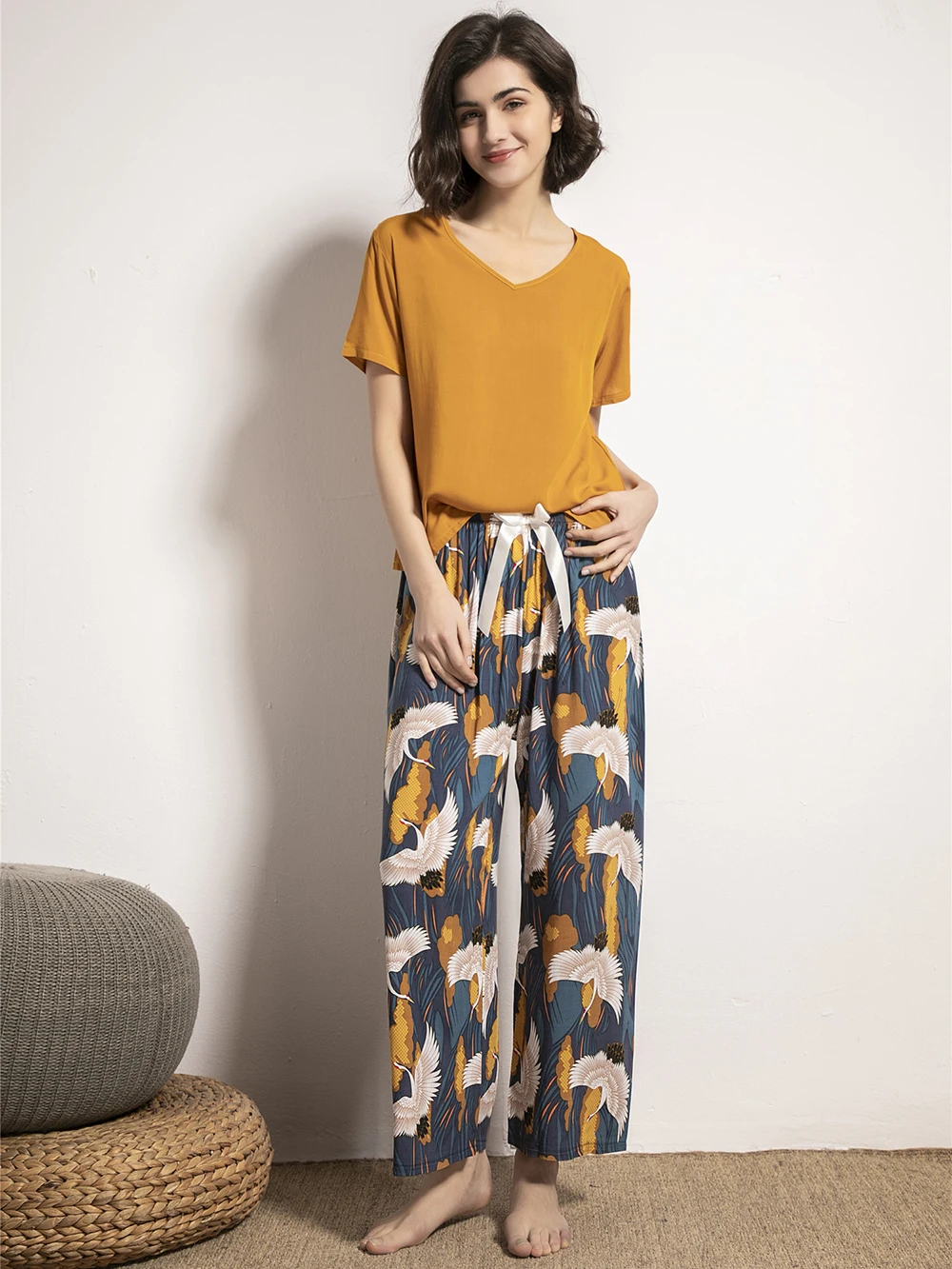 Women's Loungewear Pajamas Set Short Sleeve Nightwear Pants Sleepwear Fashion Yellow Print Floral Loose Comfort Homewear