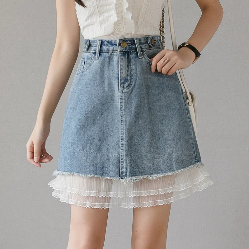 

Summer New Korean Fashion Jean Skirts Women Blue Cotton Casual A-Line Above Knee Girls Mini Skirt for Young Laides Jean Skirt