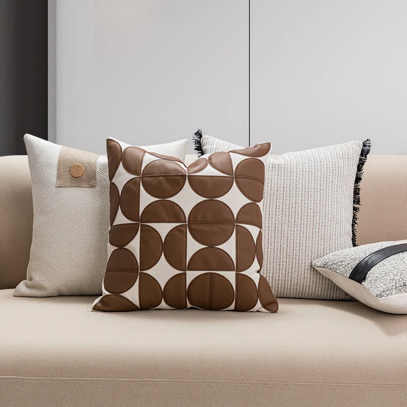 

Luxurious Pu patchwork sofa decor throw cushion cover thicked solid tassels pillow cover beige khaki home hotel chair pillowcase