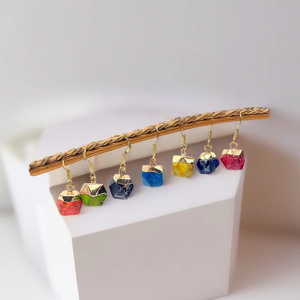 

Natural Stone Earrings Irregular Geometry Gem Bead Pendant Imperial Jasper Stone Sea Sediment Dangle Hook Drop Earring for Women