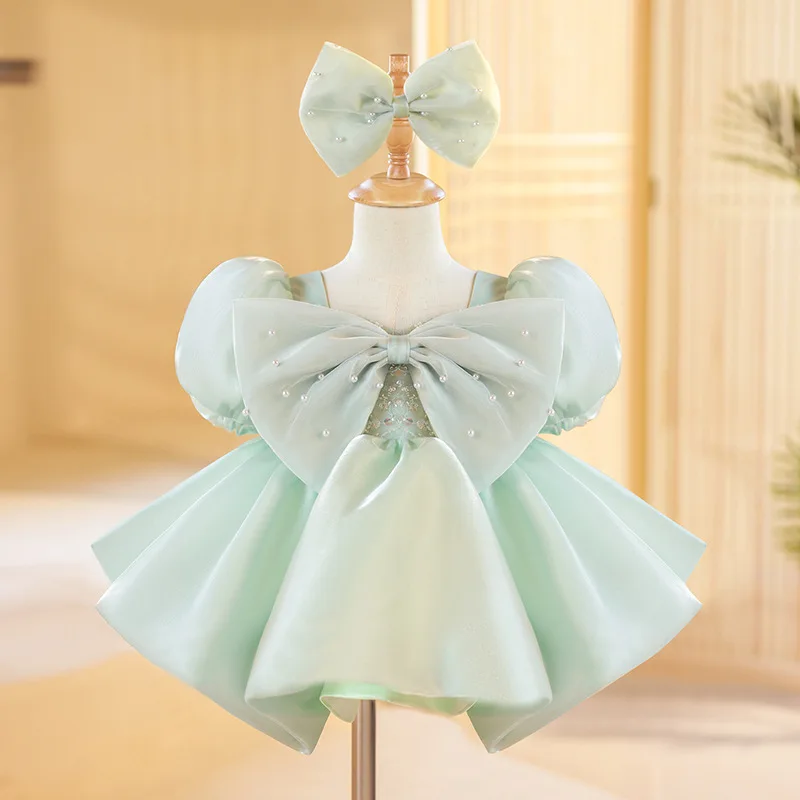 

Платье принцессы для маленьких девочек, одежда для свадьбы, дня рождения с цветами, детские платья, шикарный костюм с жемчужинами и буффами на рукавах с бантом, платье для выпускного вечера