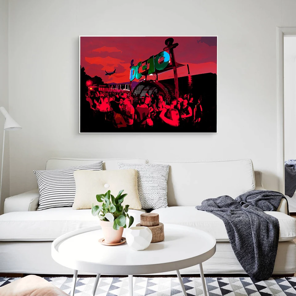 

Neon Rock Festival Poster Pop Canvas Painting Quote Travel Art Print Town At Sunset Nordic Bar Wall Picture Living Bedroom Decor