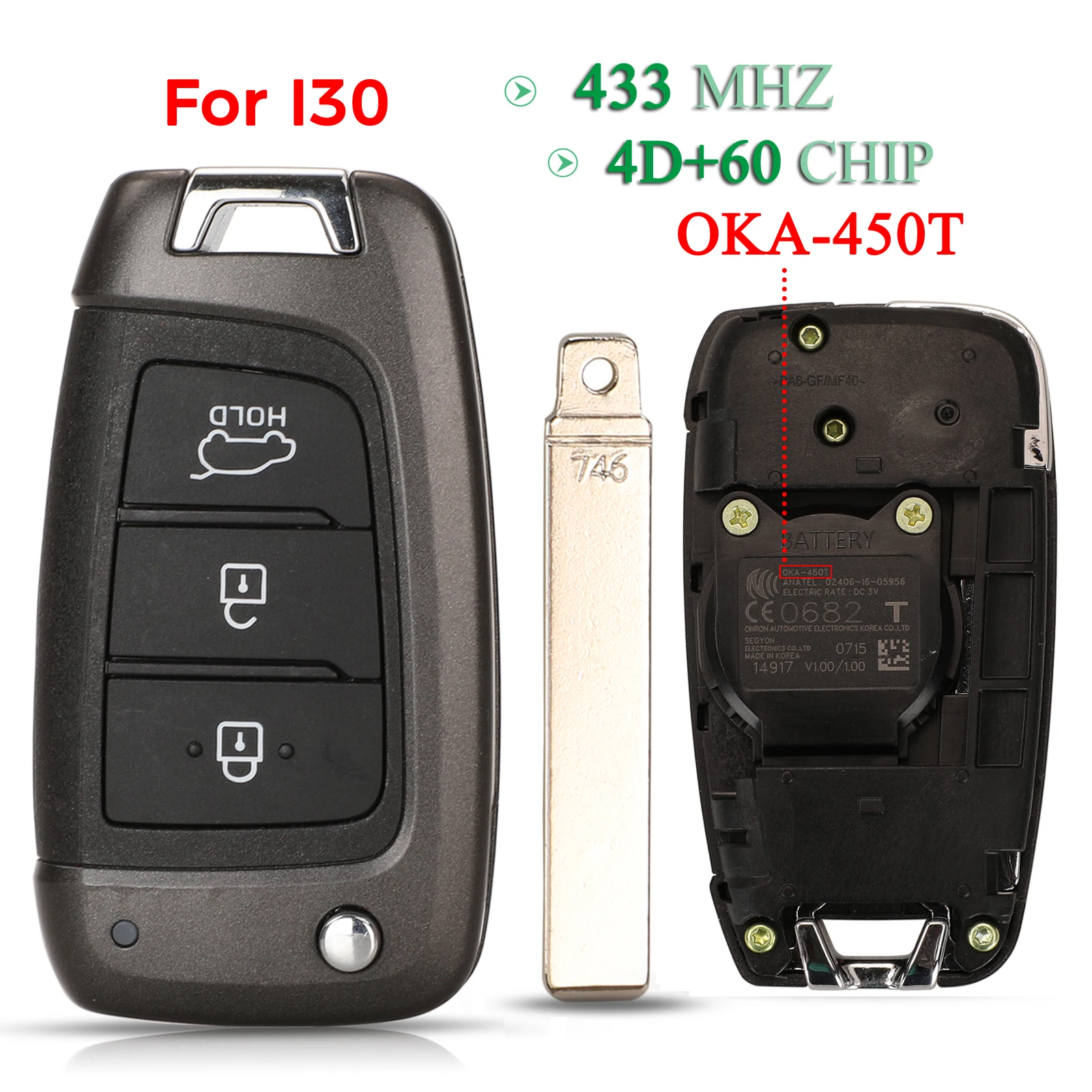 

jingyuqin 3 Buttons 433Mhz Flip Folding Remote Smert Car Key 4D60 Chip For Hyundai i30 2016 2017 2018 Fob OKA-450T Replacement