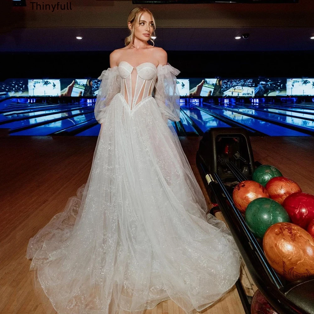 

Thinyfull Simple Sweetheart Beach Wedding Dresses A Line Off Shoulder Bridal Gown Open Back A-Line Tulle Boho Bridal Gowns