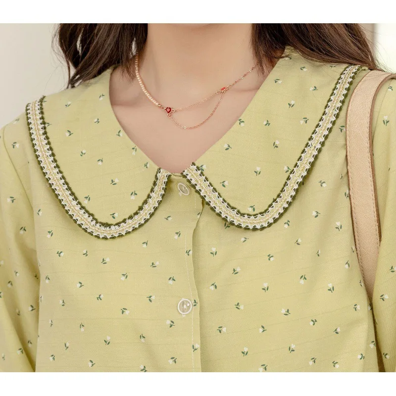 2023 Spring and Autumn New Pajamas Women's Woven Cotton Cute Doll Collar Floral Long-Sleeved Trousers Homewear Suit