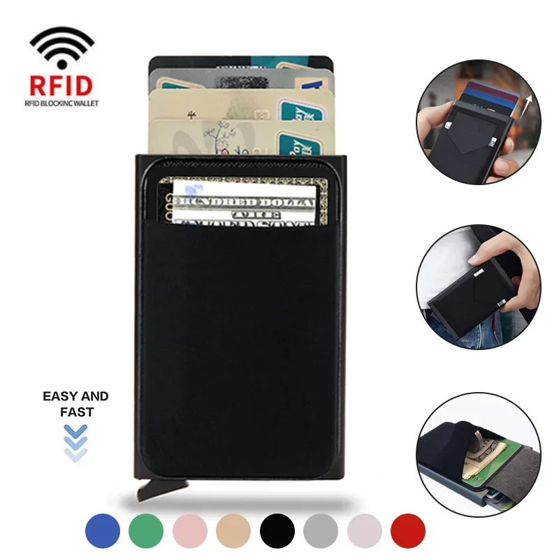 

Slim Aluminum Wallet with Elasticity Back Pouch ID Credit Card Holder Mini RFID Wallet Automatic Pop Up Bank Card Case Wallets