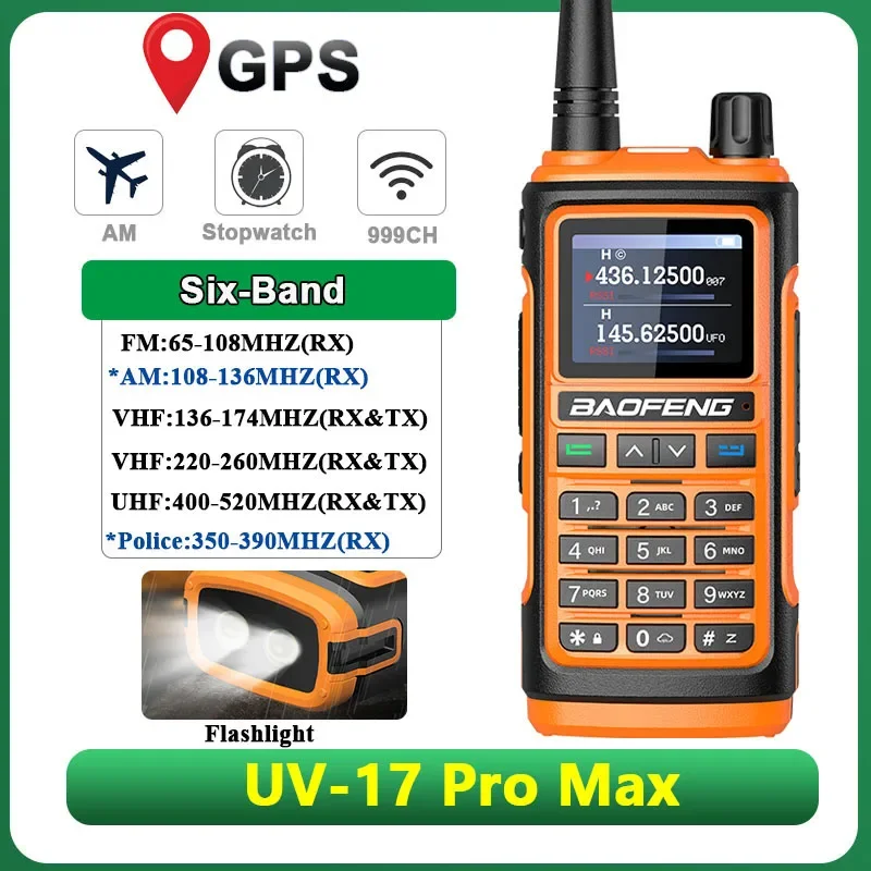Baofeng UV-17 Pro Max GPS Walkie Talkie Six Bands AM 108-136 МГц Type-C Зарядка 999 каналов NOAA Радио дальнего
