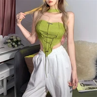 summer women sexy side split slim fit crop top halter ruched tie up irregular camisole backless sleeveless solid color tanks