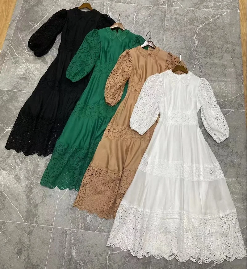 

Женское длинное платье с отложным воротником и кружевной вышивкой