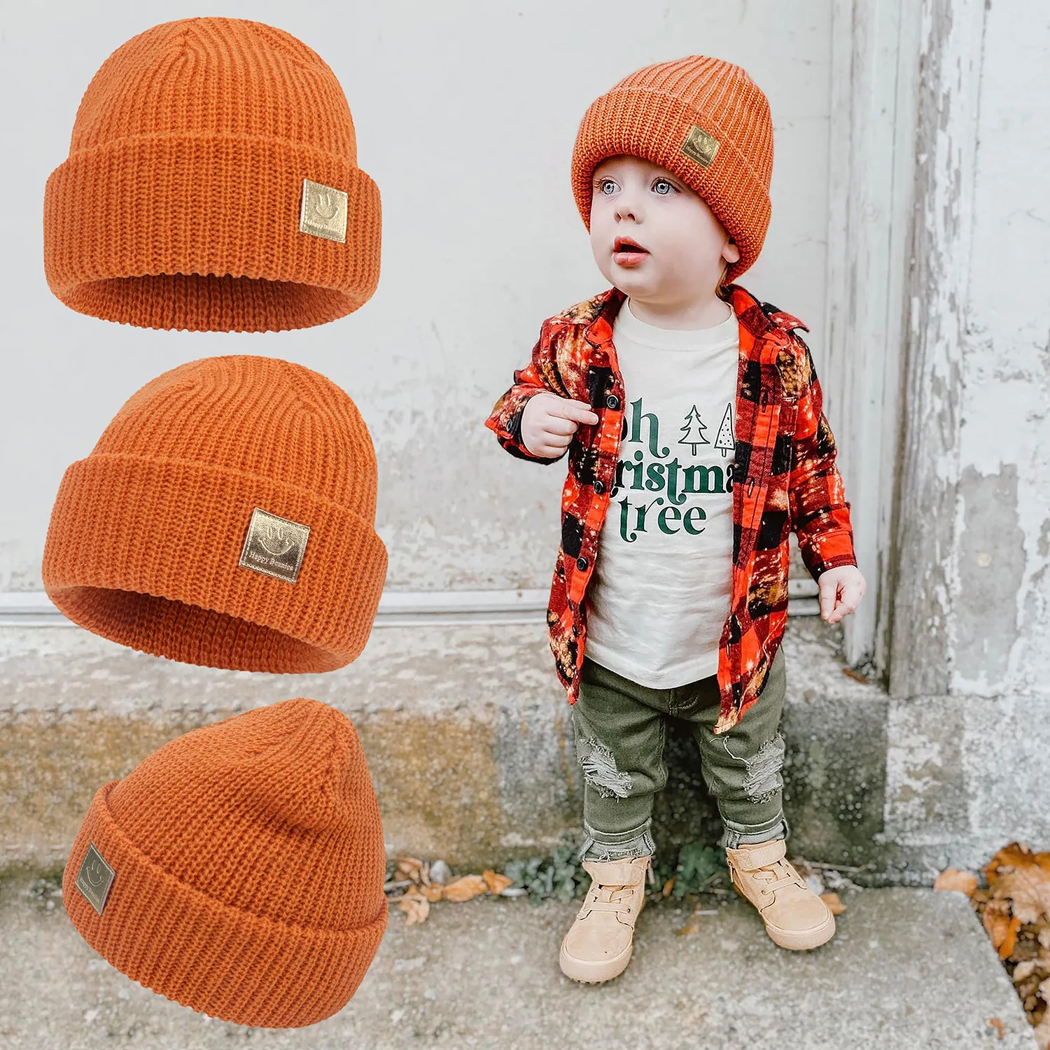 

Newborn Solid Knitted Hat Cute Smiley Pattern Pu Lable Rolled Fold Winter Bonnet for Chidlren Warm Boy Girl Beanie Elastic Hats